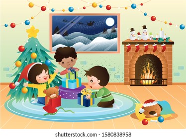 Christmas Scene Vector Illustration with Happy Kids Opening Present