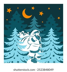 Christmas Scene Vector Illustration, Winter night view, Layered Christmas card 