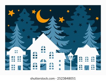 Ilustração do vetor da cena do Natal, Vista noturna de inverno, Cartão de Natal em camadas 