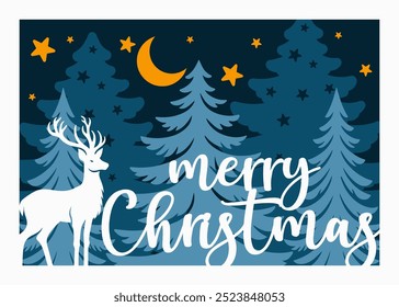 Christmas Scene Vector Illustration, Winter night view, Layered Christmas card 