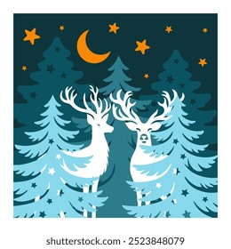 Christmas Scene Vector Illustration, Winter night view, Layered Christmas card 