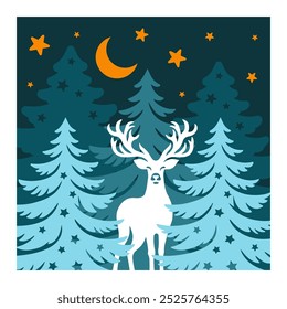 Christmas Scene Vector Illustration, Winter night view, Layered Christmas card 