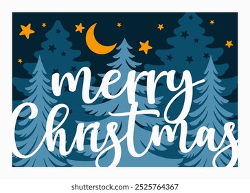 Christmas Scene Vector Illustration, Winter night view, Layered Christmas card 