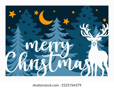 Christmas Scene Vector Illustration, Winter night view, Layered Christmas card 