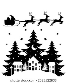 Christmas scene vector illustration, winter vinyl decal for window. Winter vector scene. 