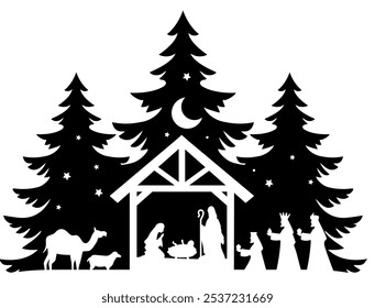 Christmas scene vector illustration, winter vinyl decal for window. Winter vector scene. 