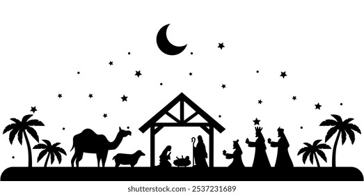 Christmas scene vector illustration, winter vinyl decal for window. Winter vector scene. 