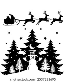 Christmas scene vector illustration, winter vinyl decal for window. Winter vector scene. 