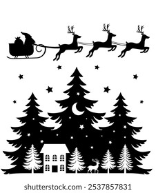 Christmas scene vector illustration, winter vinyl decal for window. Winter vector scene. 