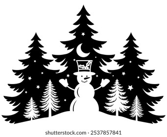 Christmas scene vector illustration, winter vinyl decal for window. Winter vector scene. 