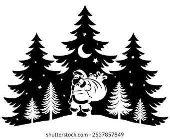 Christmas scene vector illustration, winter vinyl decal for window. Winter vector scene. 