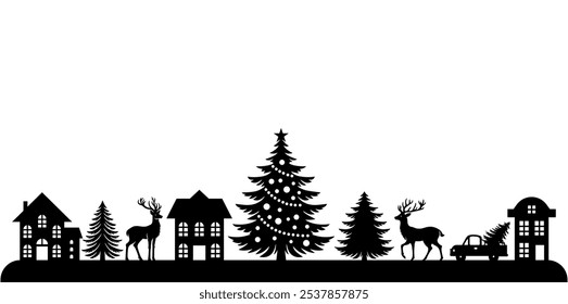 Navidades escena Ilustración vectorial, calcomanía de vinilo de invierno para ventana. Escena de Vector invernal. 