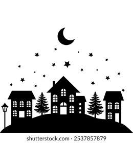 Christmas scene vector illustration, winter vinyl decal for window. Winter vector scene. 