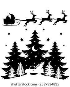 Christmas scene vector illustration, winter vinyl decal for window. Winter vector scene. 