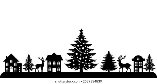 Christmas scene vector illustration, winter vinyl decal for window. Winter vector scene. 