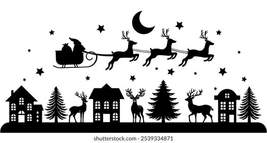 Christmas scene vector illustration, winter vinyl decal for window. Winter vector scene. 