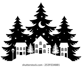 Christmas scene vector illustration, winter vinyl decal for window. Winter vector scene. 