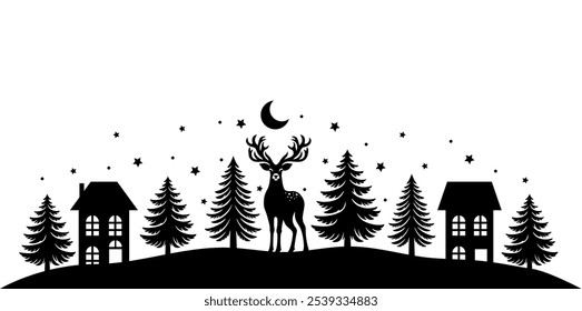 Christmas scene vector illustration, winter vinyl decal for window. Winter vector scene. 