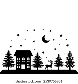 Christmas scene vector illustration, winter vinyl decal for window. Winter vector scene. 