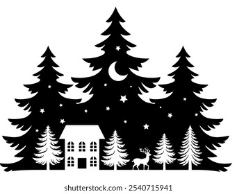 Christmas scene vector illustration, winter vinyl decal for window. Winter vector scene. 