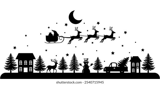 Christmas scene vector illustration, winter vinyl decal for window. Winter vector scene. 