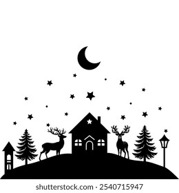 Christmas scene vector illustration, winter vinyl decal for window. Winter vector scene. 