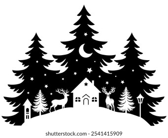 Christmas scene vector illustration, winter vinyl decal for window. Winter vector scene. 