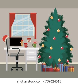 christmas scene with window background and office desktop with desktop computer and big christmas tree with gifts vector illustration