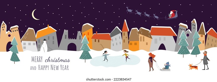 Christmas scene with winter snow town or village, people walking and skating. Santa Claus flies over the city on a sleigh with reindeer. Vector hand drawn illustration.