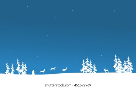 Christmas scenery of silhouette deer and spruce