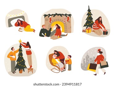 Christmas scenes collection, sketches. People performing different activities. Couple on Christmas holidays. Winter season. People prepare Christmas gifts, do shopping, visit parents, decorate a home.