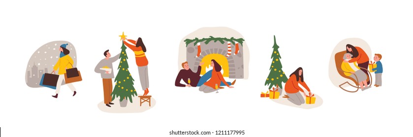 Christmas scenes, etudes, sketches. People performing different activities. Set of people. Christmas holidays. Winter season.