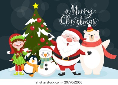 Christmas scenes Santa claus, penguin, elf, bear, snowman, christmas tree. Merry Christmas cutout element Holiday cards, invitations and website celebration decoration. Flat vector illustration