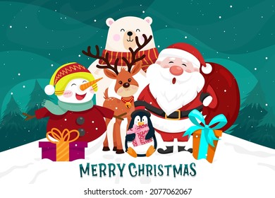 Christmas scenes Santa claus, penguin, reindeer, bear, snowman, christmas tree. Merry Christmas cutout element Holiday cards, invitations and website celebration decoration. Flat vector illustration