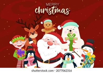 Christmas scenes Santa claus, penguin, elf, bear, reindeer, snowman, gingerbread doll. Merry Christmas banner, Holiday cards, invitations and website celebration decoration. Flat vector illustration