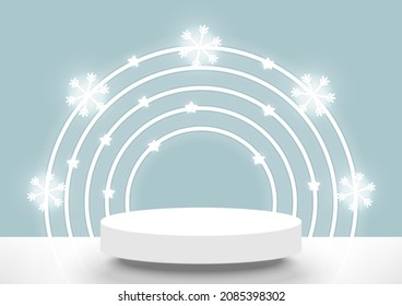 Christmas scene.Stage podium 3d with neon light decor snowflake, star, isolated on light blue studio winter background.Platform design for product display.New Year. Minimal style.Vector illustration.