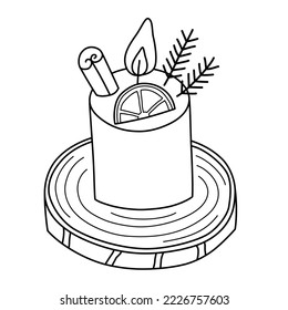 Weihnachtsduftkerzensymbol, Vektordoodle-Illustration von handgefertigter Kerze mit Zimt und getrockneter Orange, Holzkastenmeister, winterliche DJ-Dekoration, skandalöse Ideen für die Innendekoration, einzelne у Clipkunst