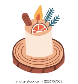 Christmas scented candle, vector illustration of handmade candle with cinnamon stick, dried orange, scandy wooden coaster, winter decoration, holiday home decor, aromatherapy, isolated colored clipart