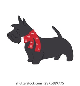 Christmas Scottish terrier in hand drawn style. Merry Christmas illustration of cute pet with accessory. Flat vector illustration isolated on white background