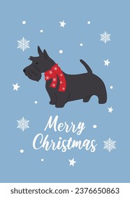 Christmas Scottish terrier in hand drawn style. Greeting text Merry Christmas. Beautiful illustration for greeting cards, posters and seasonal design.