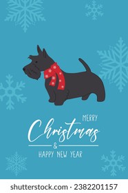 Christmas Scottish terrier in hand drawn style. Greeting text Merry Christmas. Beautiful illustration for greeting cards, posters and seasonal design.