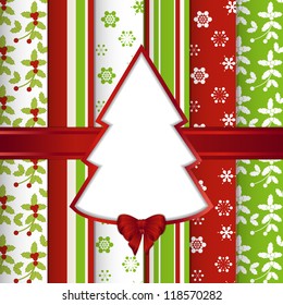 Christmas scrap booking background with tree and ribbon