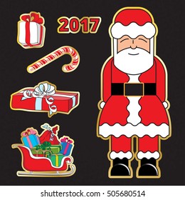 Christmas scrap Set of modern flat style stickers. Santa, gifts and candy cane. 2017 Concept.