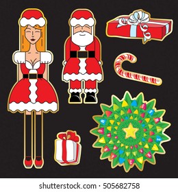 Christmas scrap Set of modern flat style stickers. Santa and sexy women in santas costume, top viev of christmas tree, gifts and candy cane.