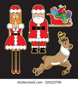 Christmas scrap Set of modern flat style stickers. Santa and sexy women in santas costume, Santa's deer, and gifts
