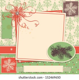 Christmas scrapbook background with snowflakes and pine cones