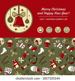 Christmas Scrapbooking Set. Seamless Pattern and Vector Icons with Christmas Toys, Bell, Wreath, Snow House, Deer, Hat and Mittens. For Invitations, Design, Greeting card and Newsletters