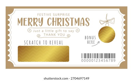 Christmas scratch ticket gift certificate or voucher template. Scratch to reveal, erase to find out. Design for personal gifts to friends, family and customers. Whimsical style and gold gradient.
