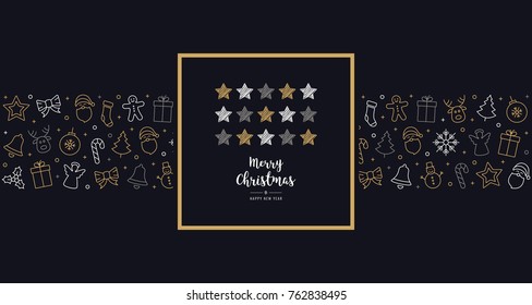 christmas scribble stars card icon elements text greeting frame golden blue background