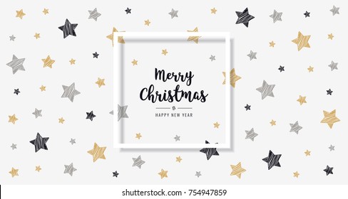 christmas scribble stars golden black greeting text frame card  background